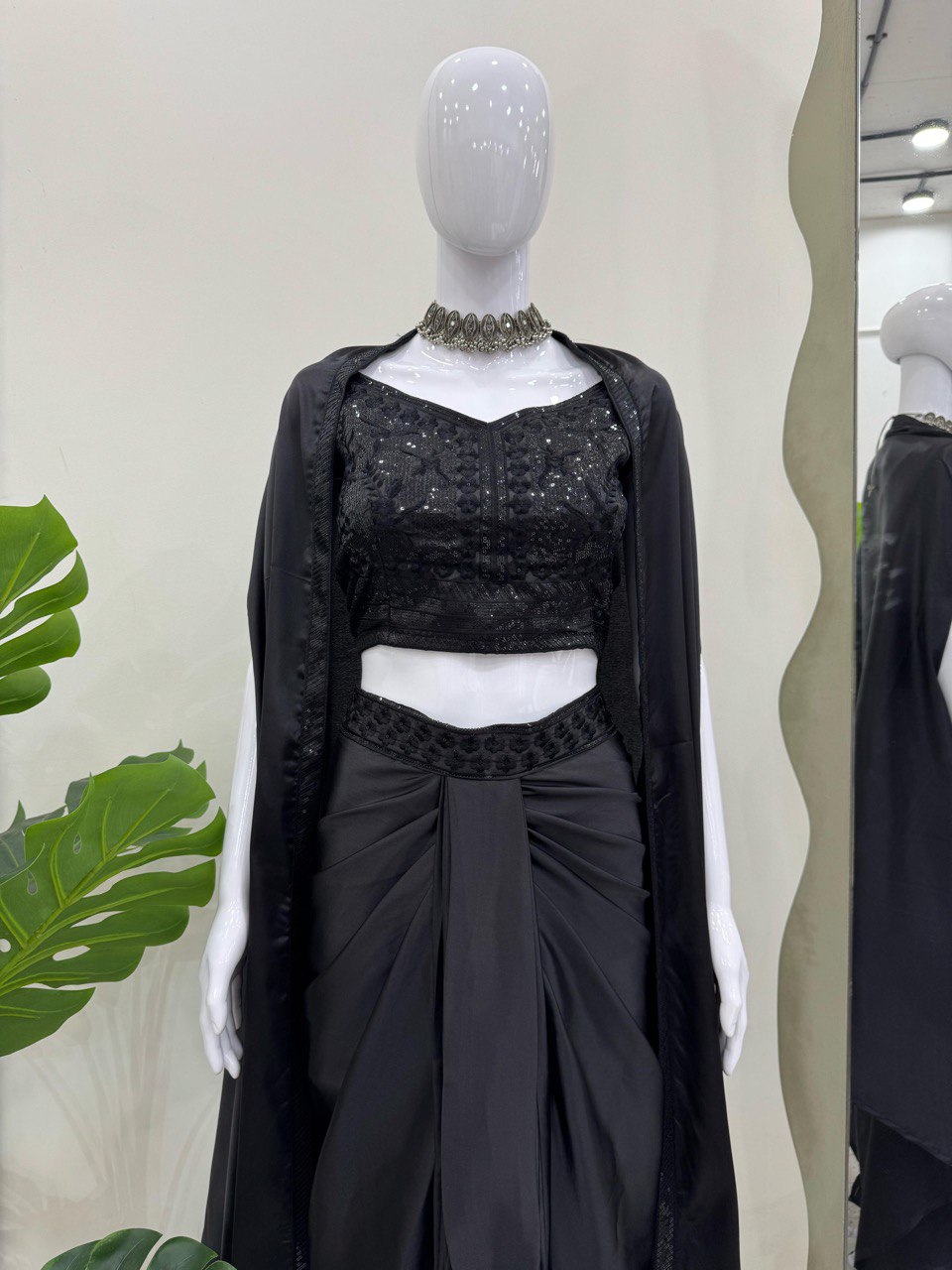Black Elegant Ready-to-Wear Dhoti Style Set with Shrug & Unstitched Choli