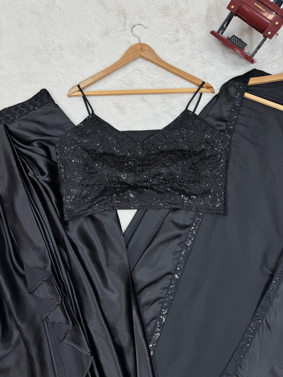 Black Elegant Ready-to-Wear Dhoti Style Set with Shrug & Unstitched Choli