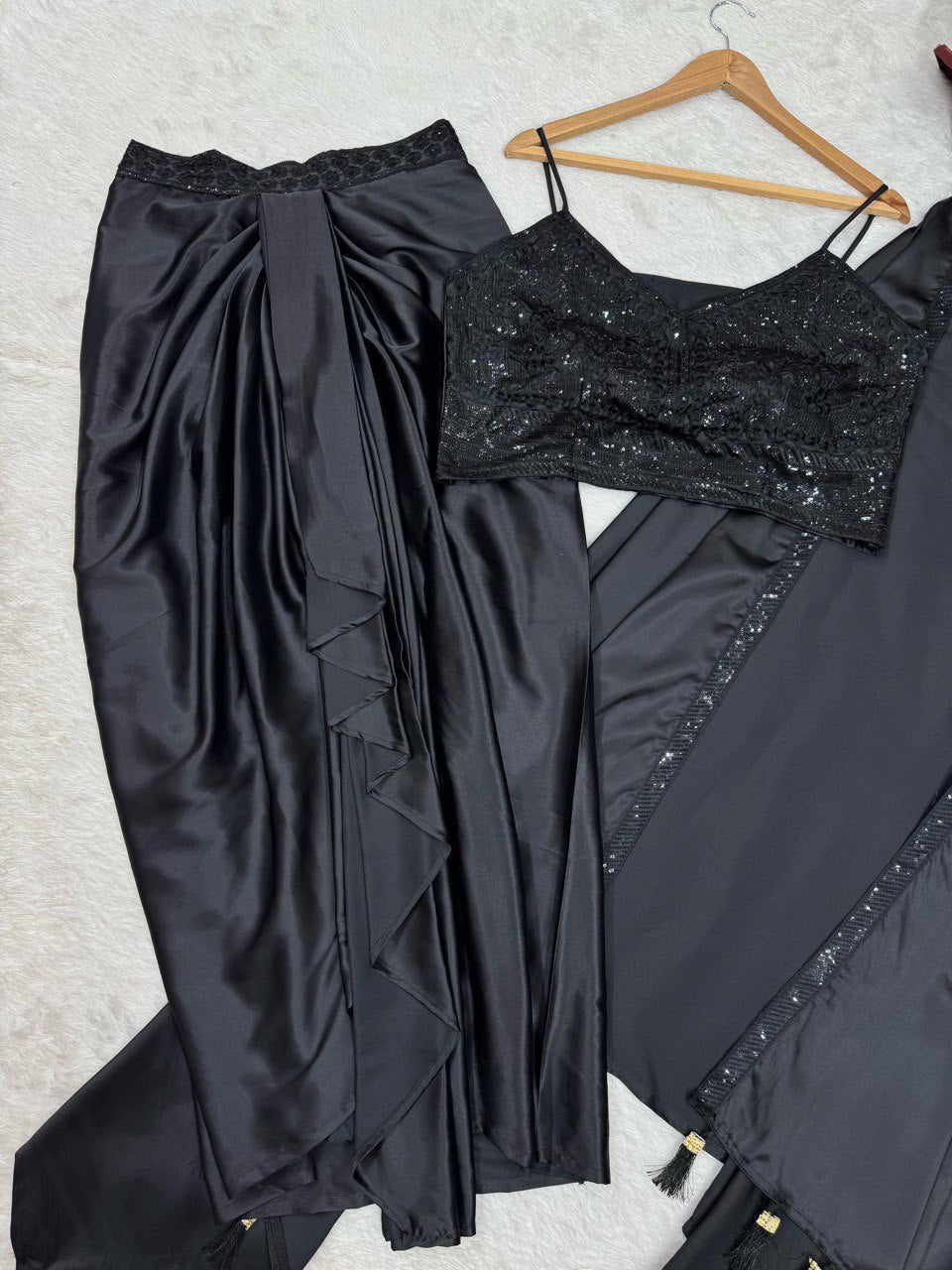 Black Elegant Ready-to-Wear Dhoti Style Set with Shrug & Unstitched Choli