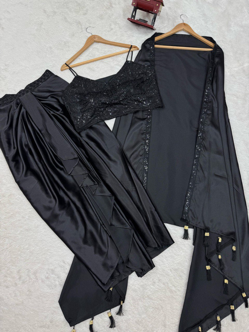 Black Elegant Ready-to-Wear Dhoti Style Set with Shrug & Unstitched Choli