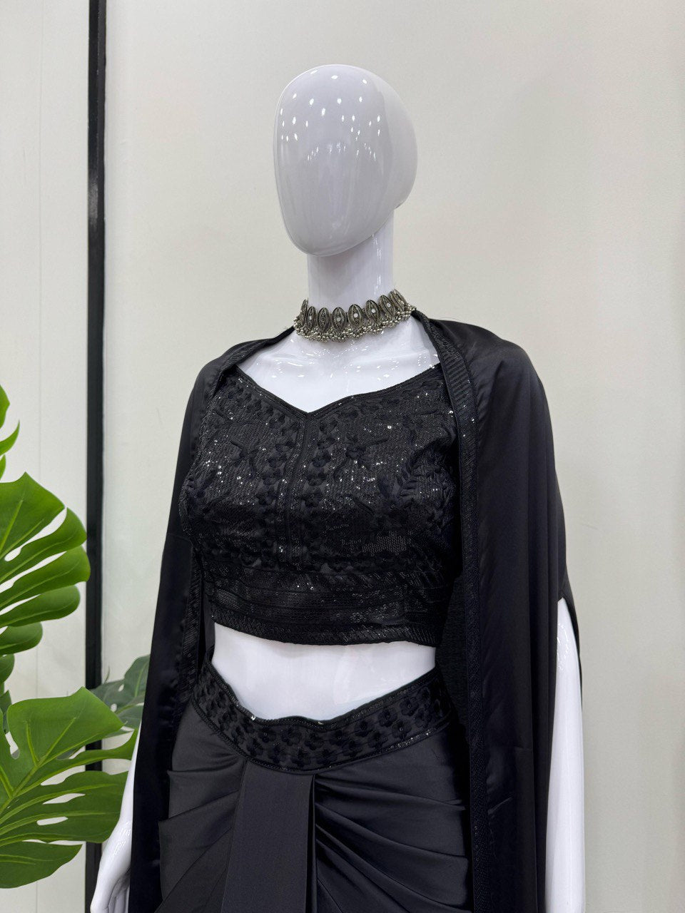 Black Elegant Ready-to-Wear Dhoti Style Set with Shrug & Unstitched Choli