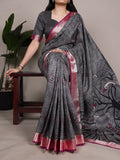 Black Printed Tussar Silk Saree