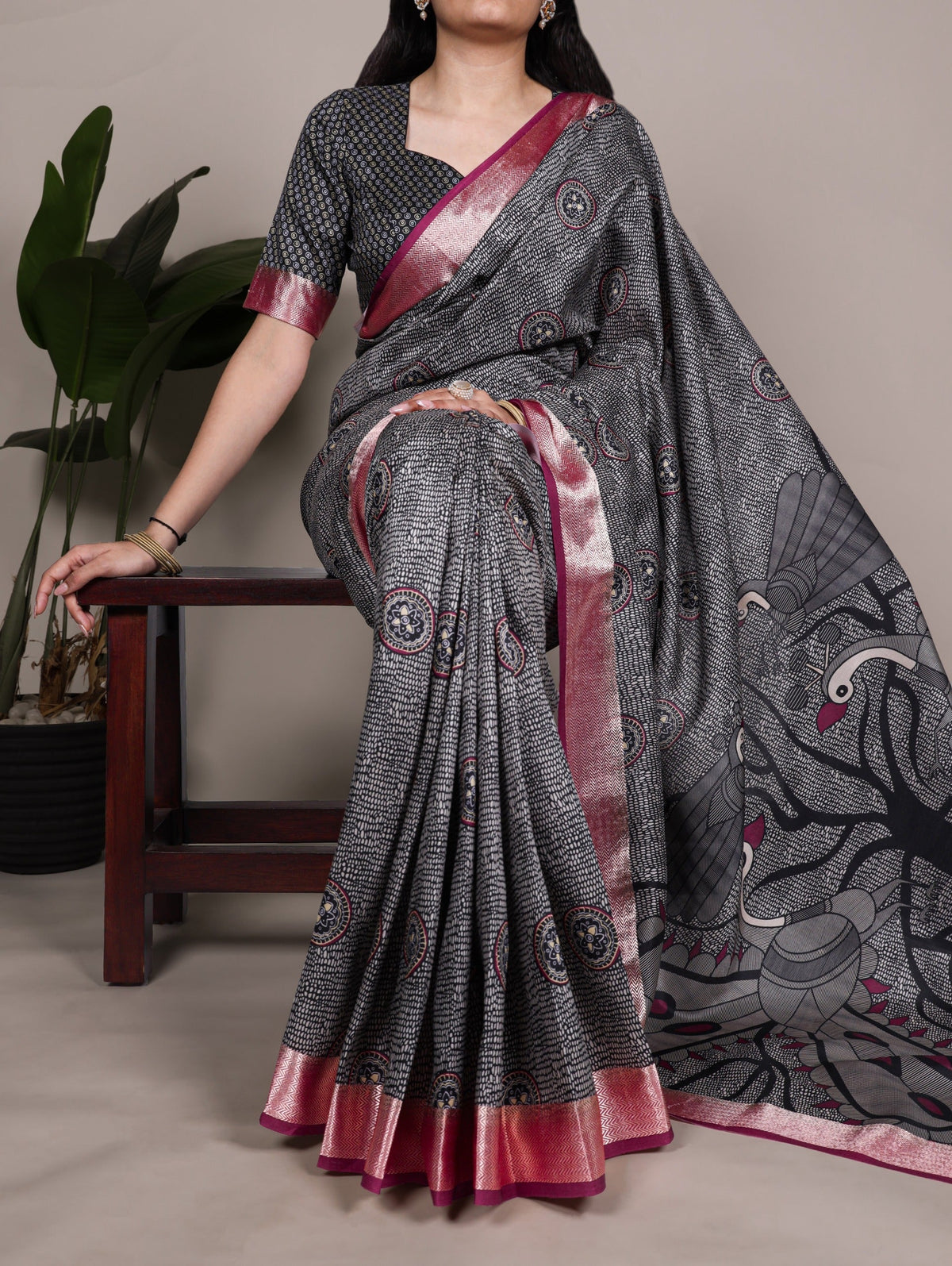 Black Printed Tussar Silk Saree