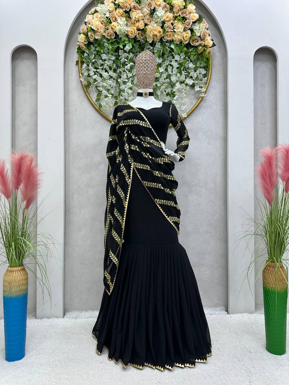 Black Ready-to-Wear Faux Georgette Lehenga Saree with Embroidery & Sequence Work