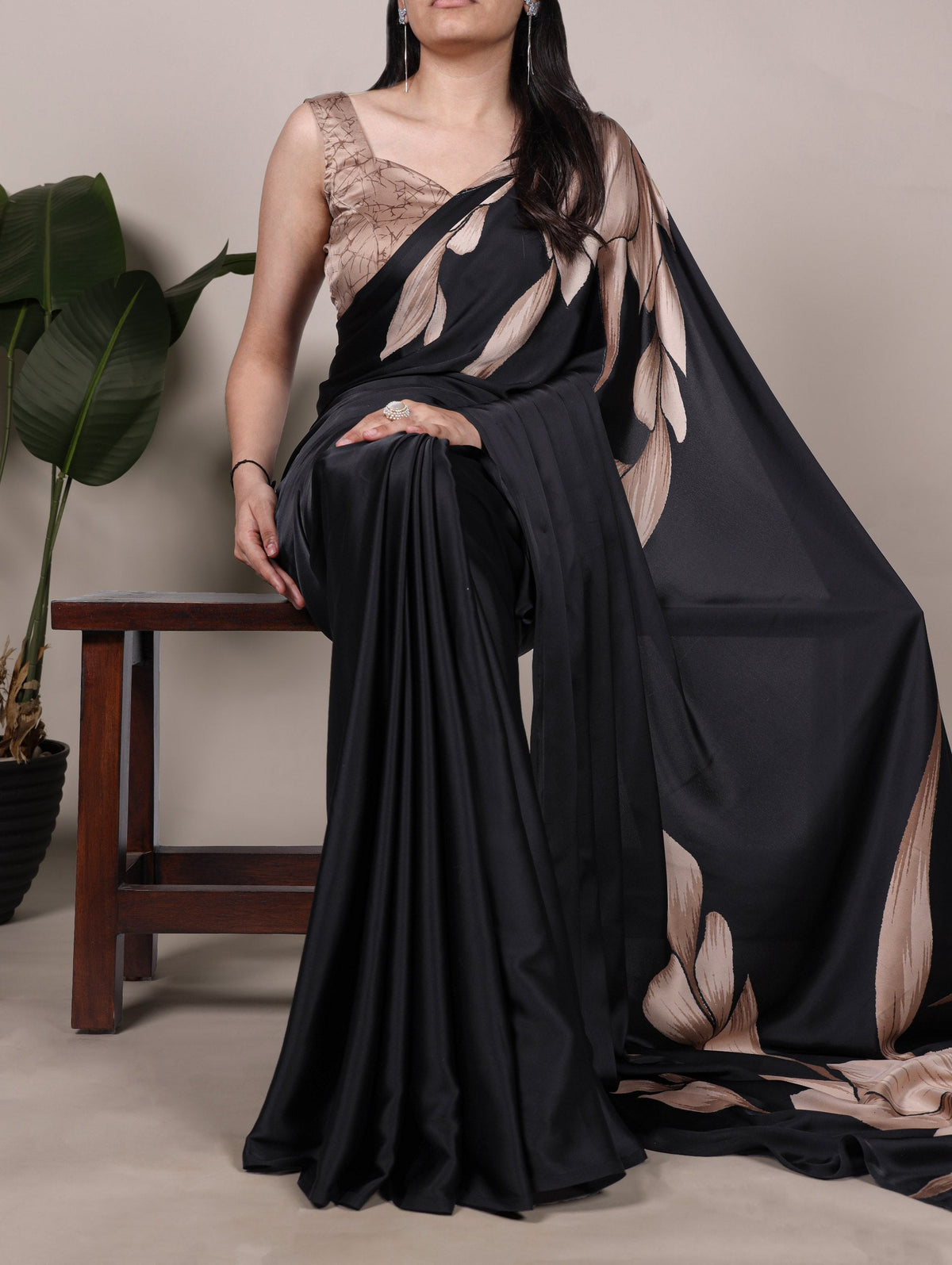 Black Satin Silk Floral Printed Saree with Matching Unstitched Blouse