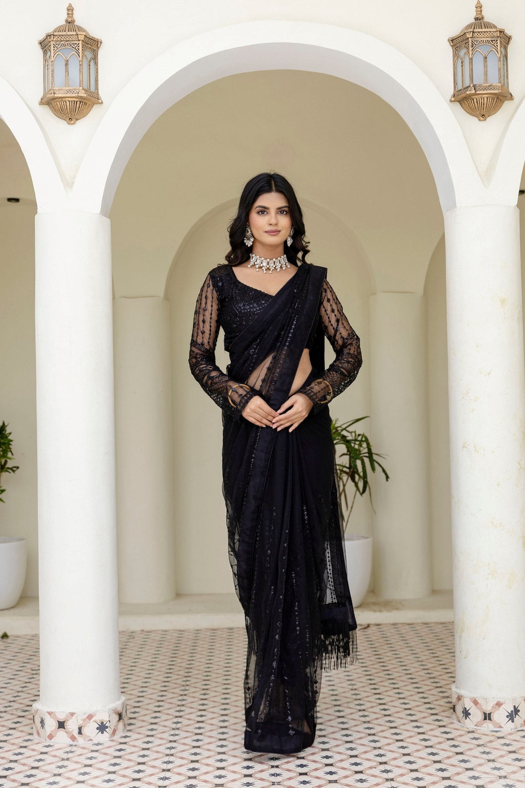 Black Soft Mono Net Sequins Embroidered Saree with Unstitched Blouse Piece