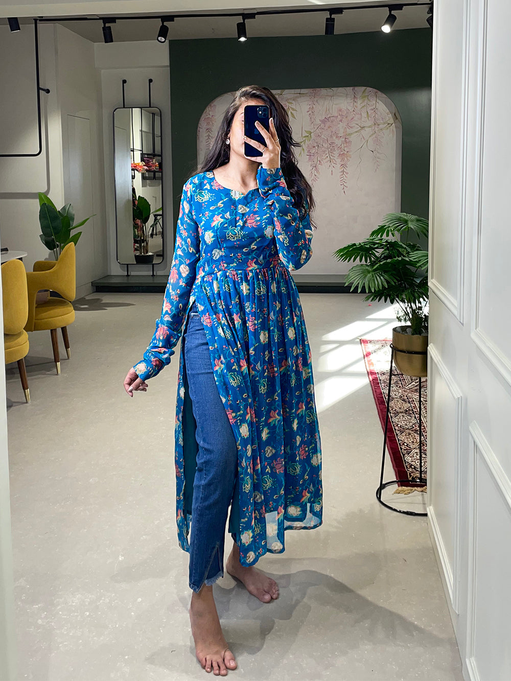 Blue Color Floral Printed Georgette Material Naira Cut Kurti