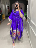 Blue Color Weaving Zari Work Jacquard Paithani Kaftan Dress