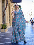 Blue Digital Print Saree in Satin Silk Blend – Party & Wedding Wear