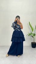 Blue Elegant Embroidered Georgette Top & Palazzo Set – Chic & Classy!