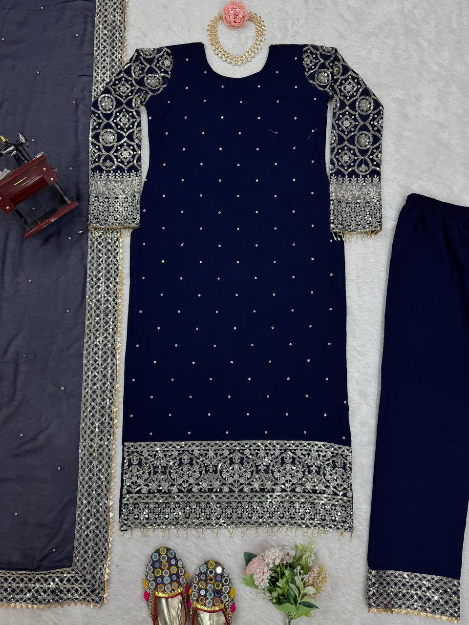 Blue Elegant Faux Georgette Thread & Sequin Embroidered Suit Set