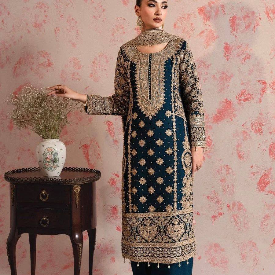 Blue Elegant Faux Georgette Thread & Sequin Embroidered Suit Set