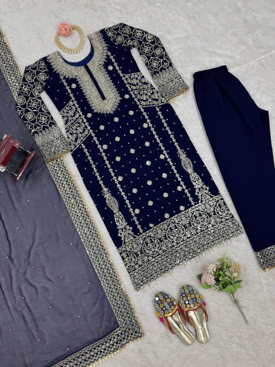 Blue Elegant Faux Georgette Thread & Sequin Embroidered Suit Set