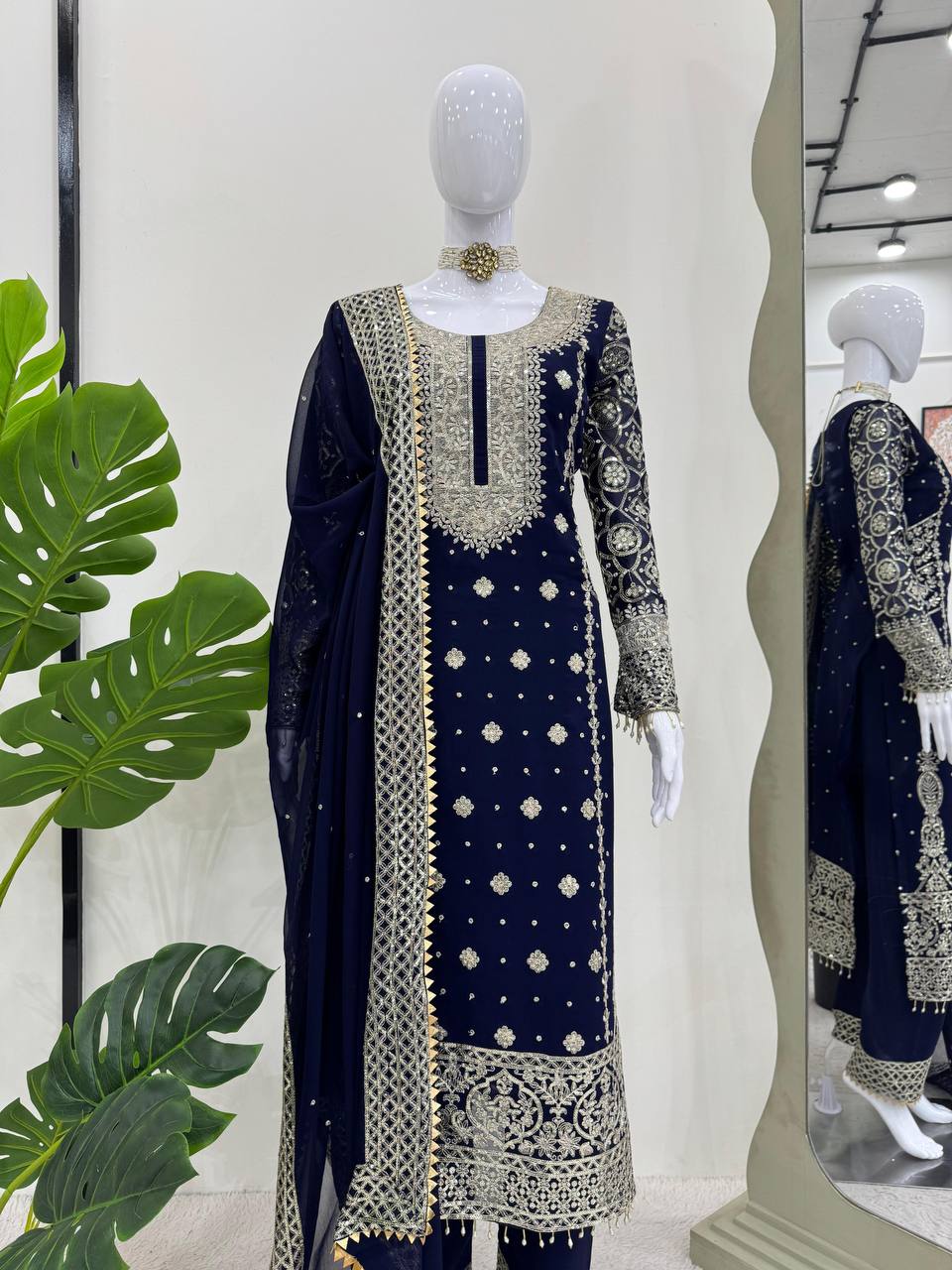 Blue Elegant Faux Georgette Thread & Sequin Embroidered Suit Set