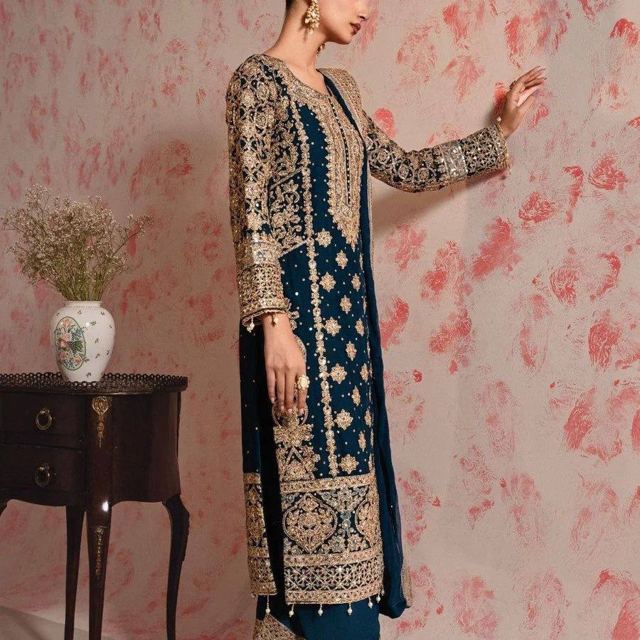 Blue Elegant Faux Georgette Thread & Sequin Embroidered Suit Set