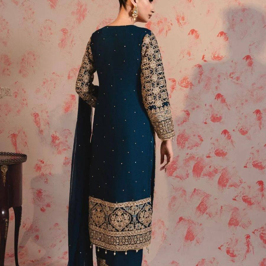 Blue Elegant Faux Georgette Thread & Sequin Embroidered Suit Set