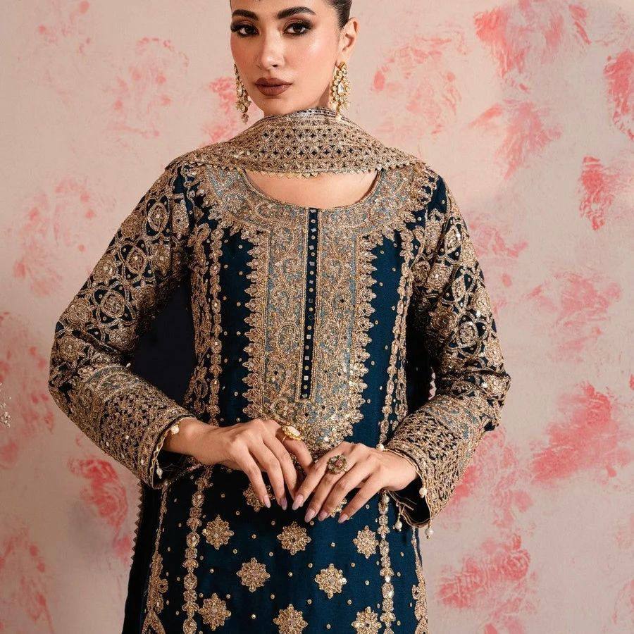 Blue Elegant Faux Georgette Thread & Sequin Embroidered Suit Set