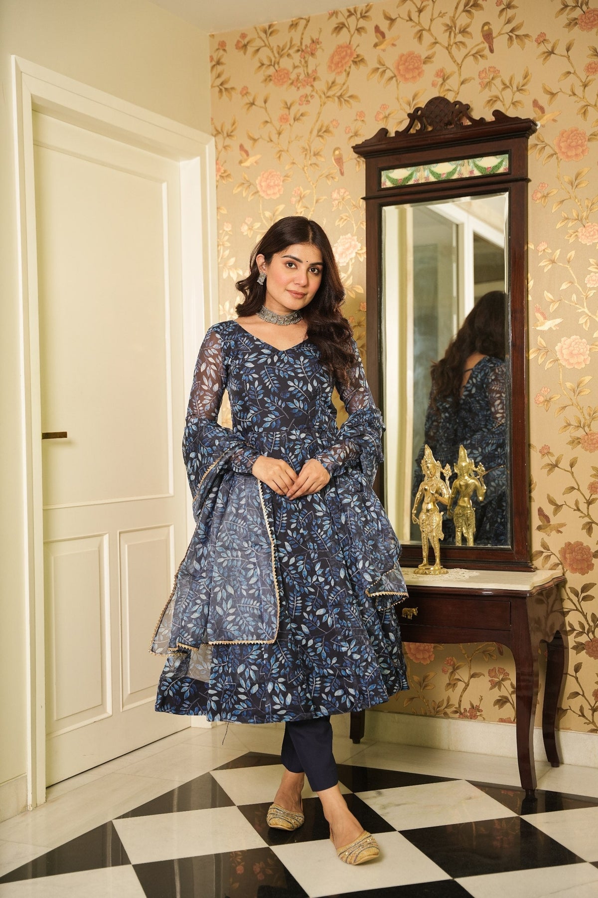 Blue Elegant Printed Three-Piece Anarkali Suit
