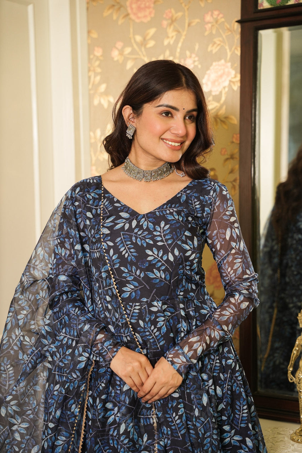 Blue Elegant Printed Three-Piece Anarkali Suit