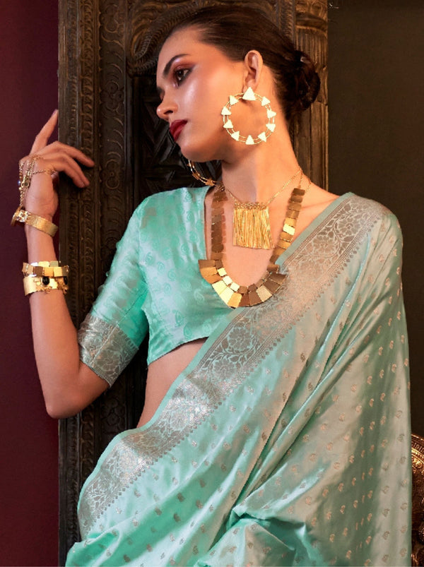 Blue Elegant Pure Satin Handloom Saree with Unstitched Blouse Piece