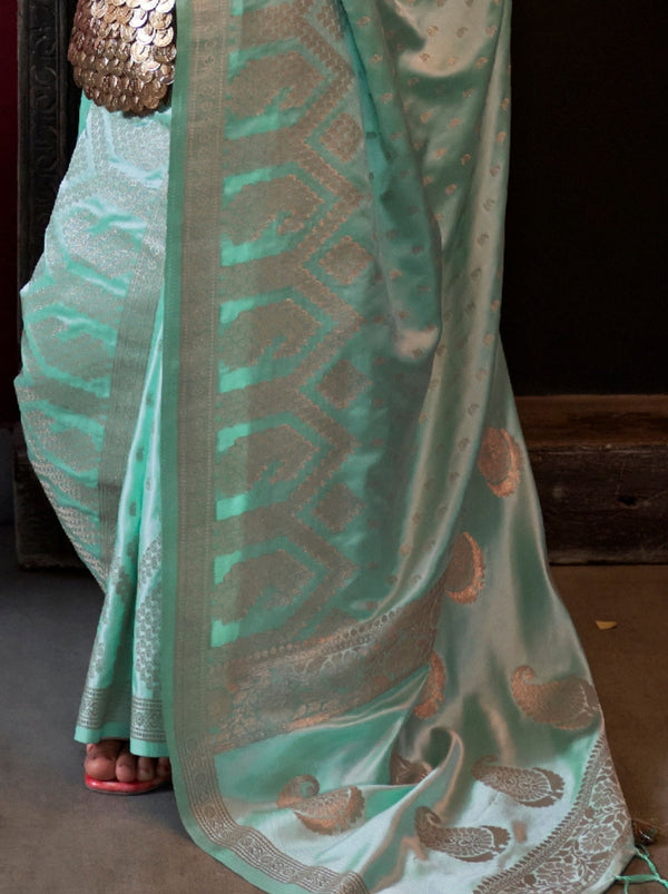 Blue Elegant Pure Satin Handloom Saree with Unstitched Blouse Piece