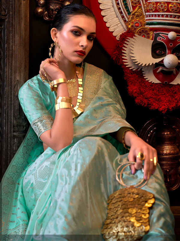 Blue Elegant Pure Satin Handloom Saree with Unstitched Blouse Piece