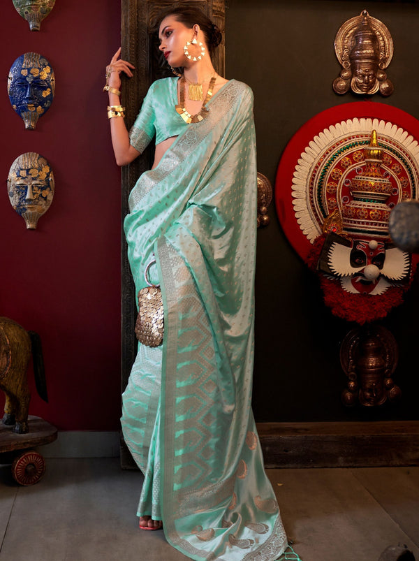 Blue Elegant Pure Satin Handloom Saree with Unstitched Blouse Piece