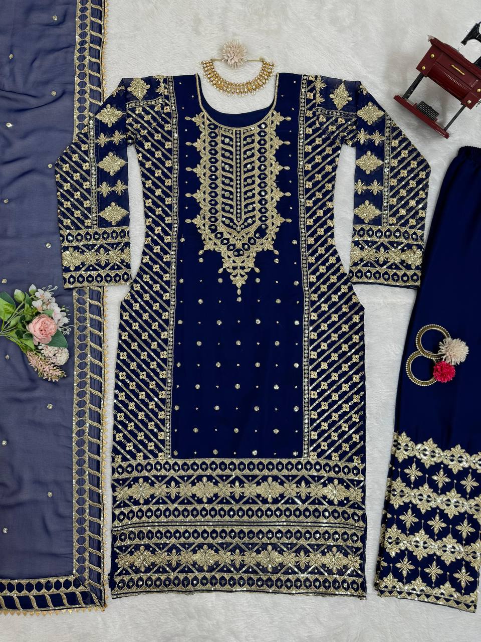 Blue Elegant Thread & Sequin Embroidered Georgette Suit Set