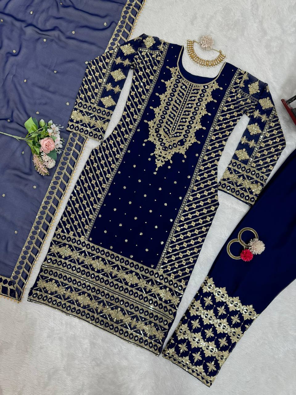 Blue Elegant Thread & Sequin Embroidered Georgette Suit Set
