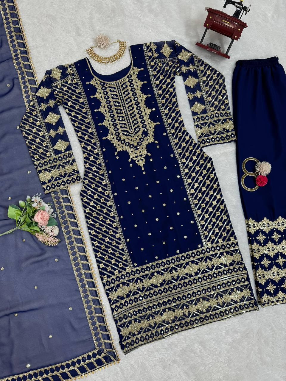 Blue Elegant Thread & Sequin Embroidered Georgette Suit Set