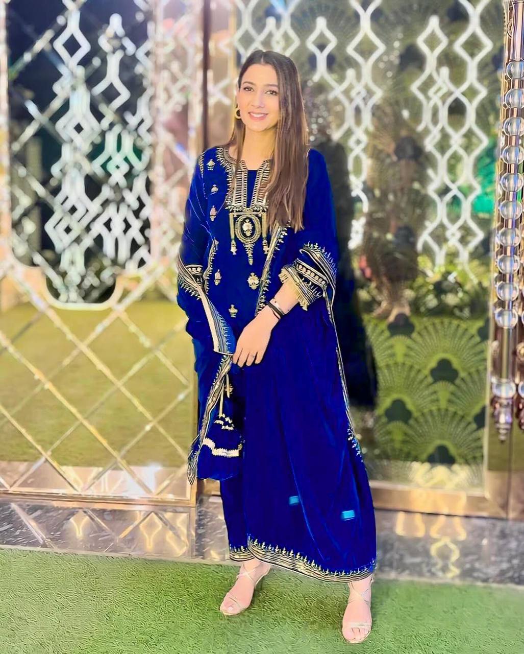 Blue Elegant Velvet Ensemble – Luxe Thread & Sequin Work