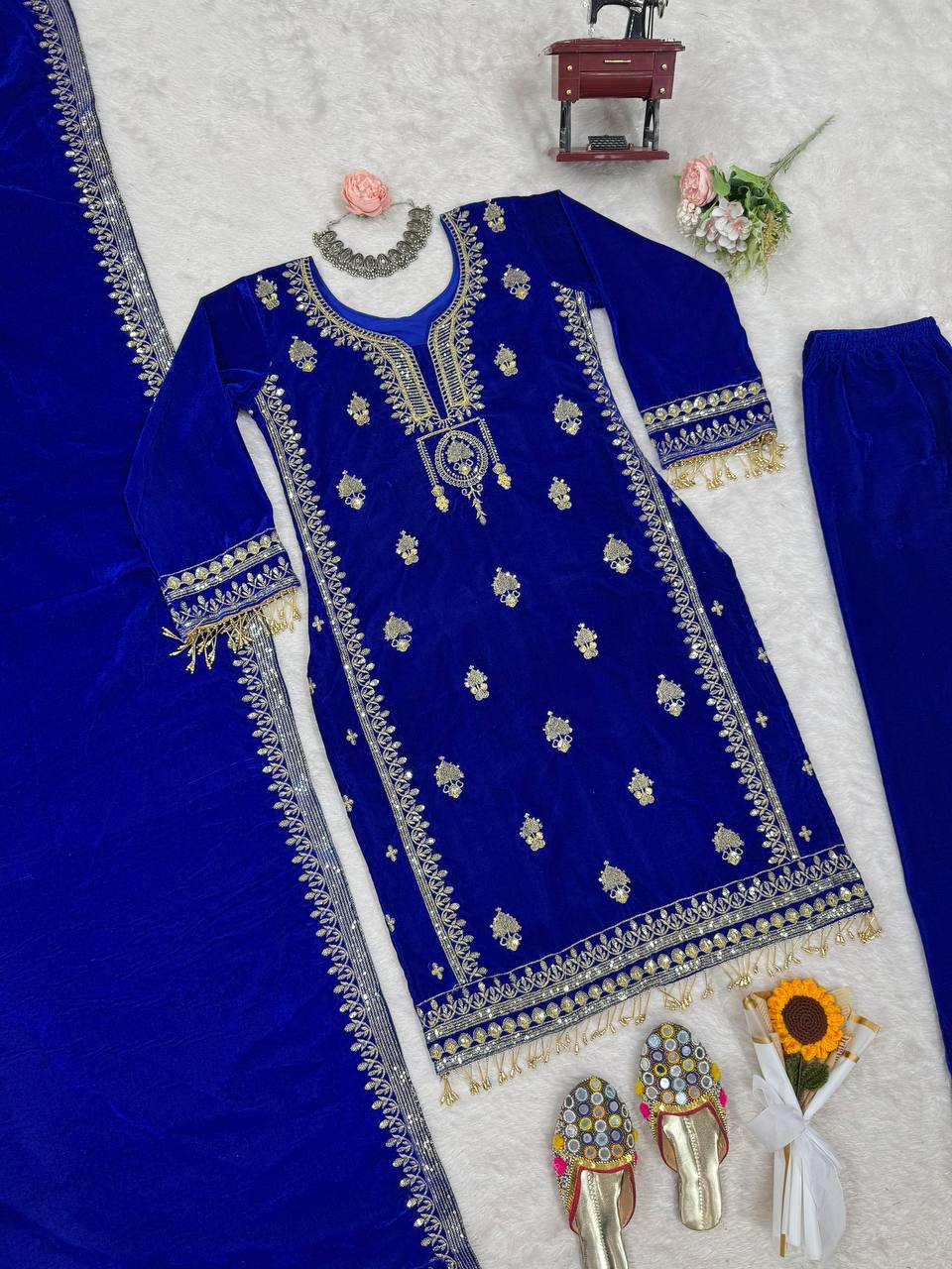 Blue Elegant Velvet Ensemble – Luxe Thread & Sequin Work