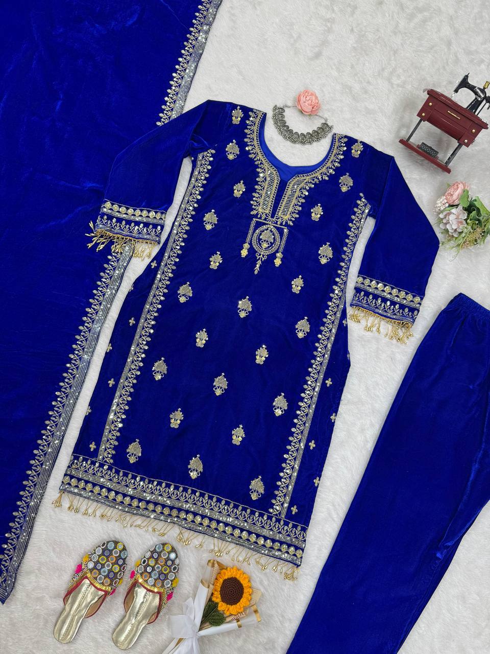 Blue Elegant Velvet Ensemble – Luxe Thread & Sequin Work