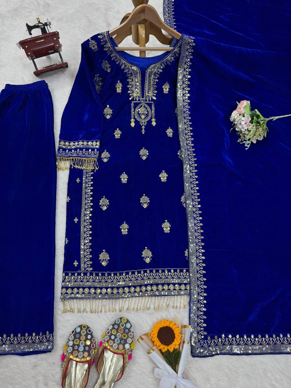 Blue Elegant Velvet Ensemble – Luxe Thread & Sequin Work