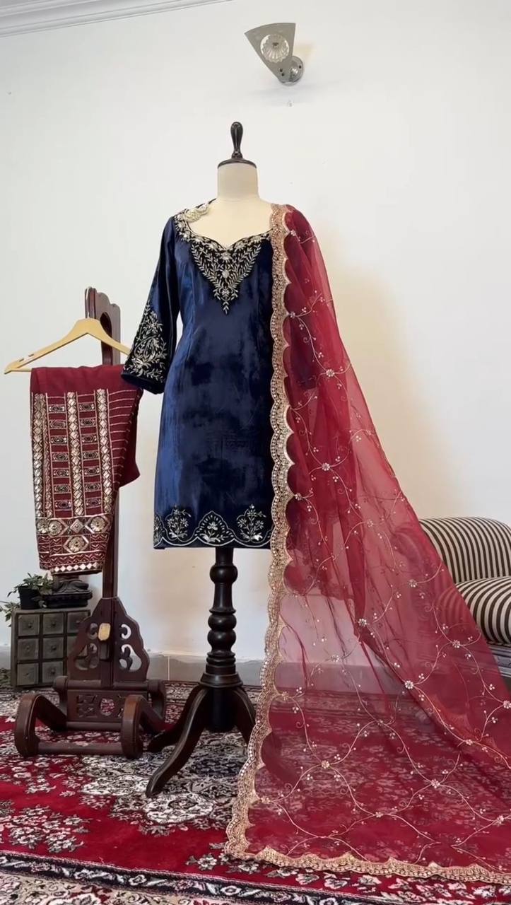 Blue Elegant Velvet Threadwork Suit Set