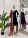 Blue Elegant Velvet Threadwork Suit Set