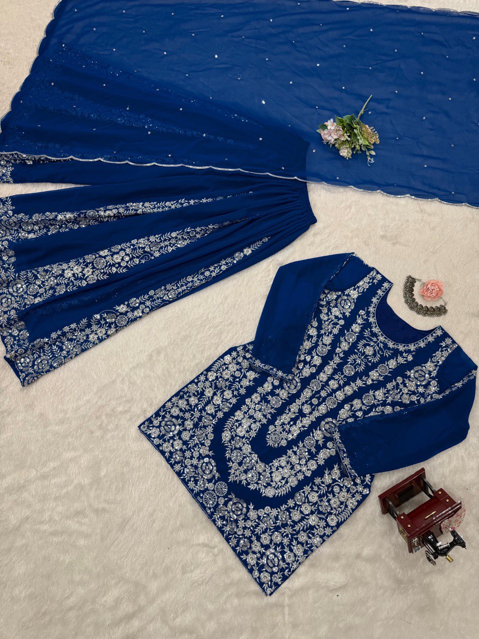 Blue Ethnic Elegance Faux Georgette Thread & Sequin Embroidered Suit Set