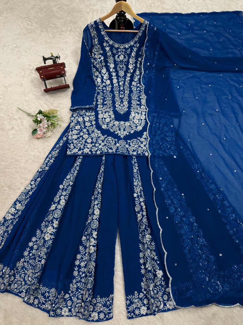 Blue Ethnic Elegance Faux Georgette Thread & Sequin Embroidered Suit Set