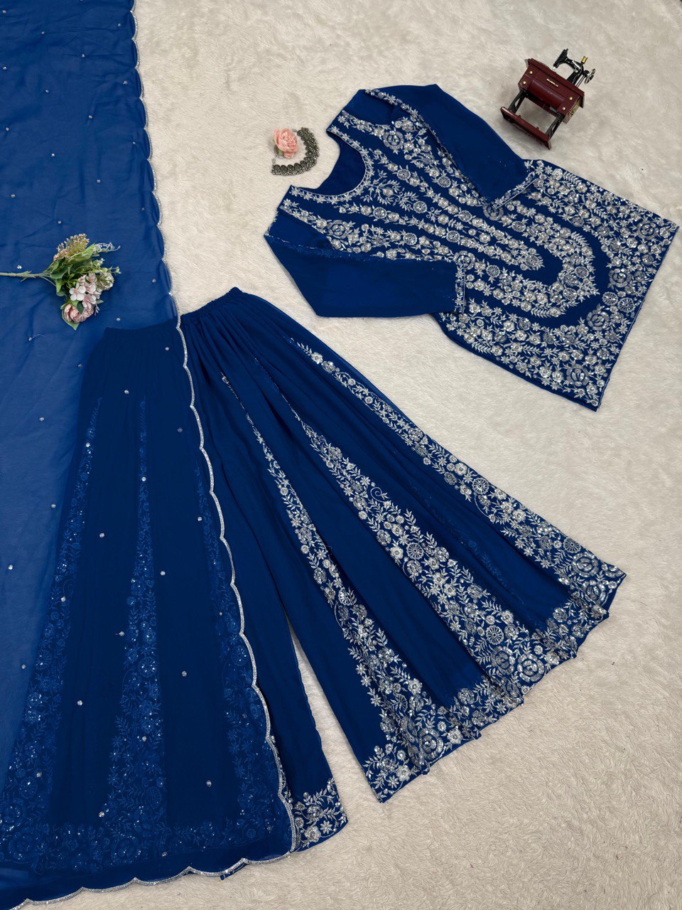 Blue Ethnic Elegance Faux Georgette Thread & Sequin Embroidered Suit Set