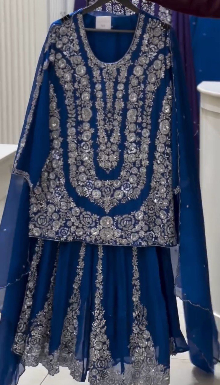 Blue Ethnic Elegance Faux Georgette Thread & Sequin Embroidered Suit Set