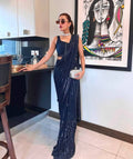 Blue Georgette Saree with Sequins, Thread & Dori Work with Japan Satin Blouse Piece