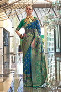 Blue Traditional Banarasi Silk Blend Saree with Unstitched Blouse Piece