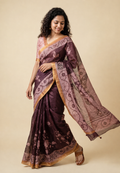 Brown Chanderi Saree with Kalamkari Floral Print & Blouse