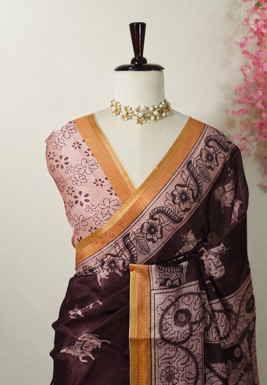 Brown Chanderi Saree with Kalamkari Floral Print & Blouse