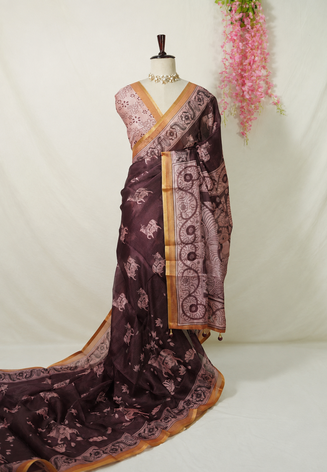 Brown Chanderi Saree with Kalamkari Floral Print & Blouse