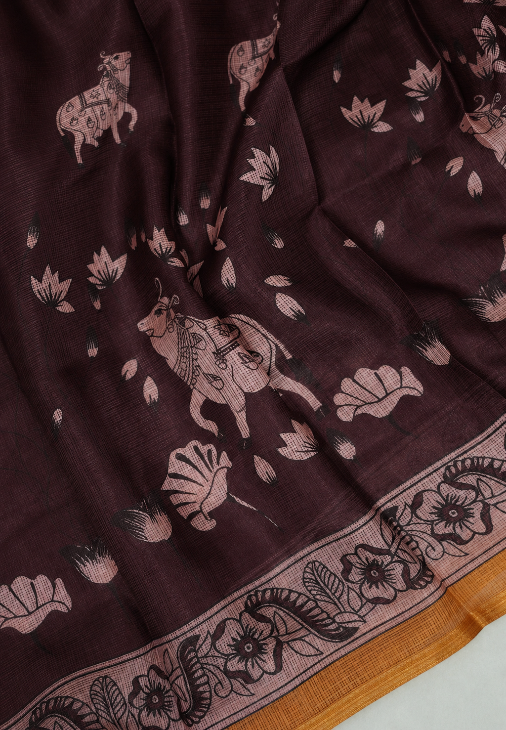 Brown Chanderi Saree with Kalamkari Floral Print & Blouse