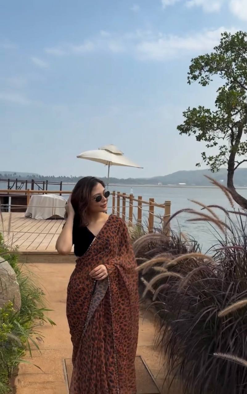 Brown Designer Printed Saree