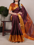 Brown Elegant Poly Cotton Saree with Chex Zari Weaving