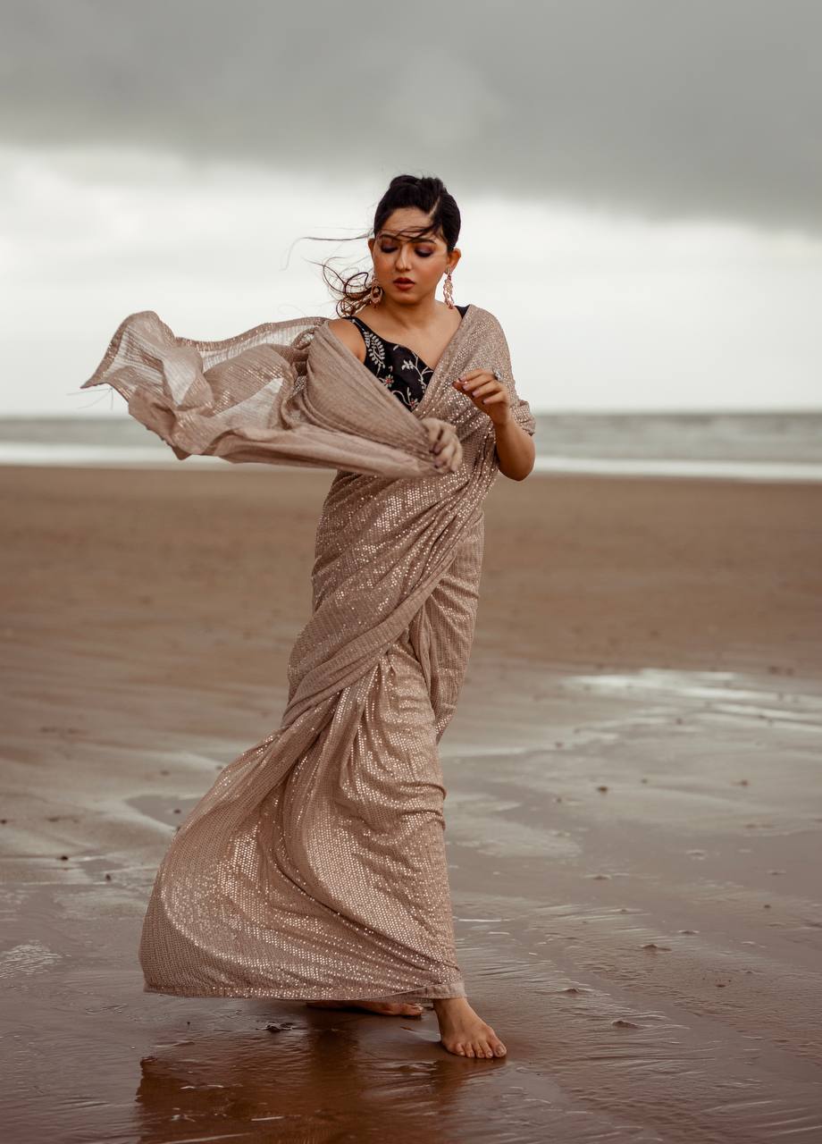Brown Skin Sequin Georgette Saree