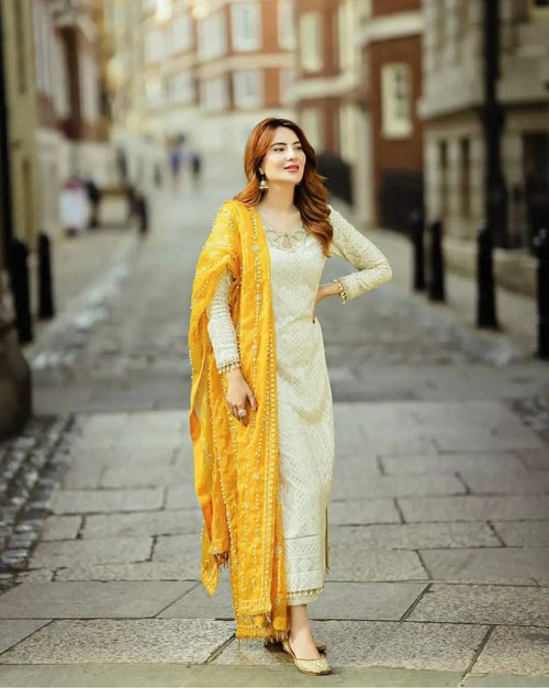 Captivating White Designer Party Wear Heavy Faux Georgette Top, Palazzo & Dupatta Set